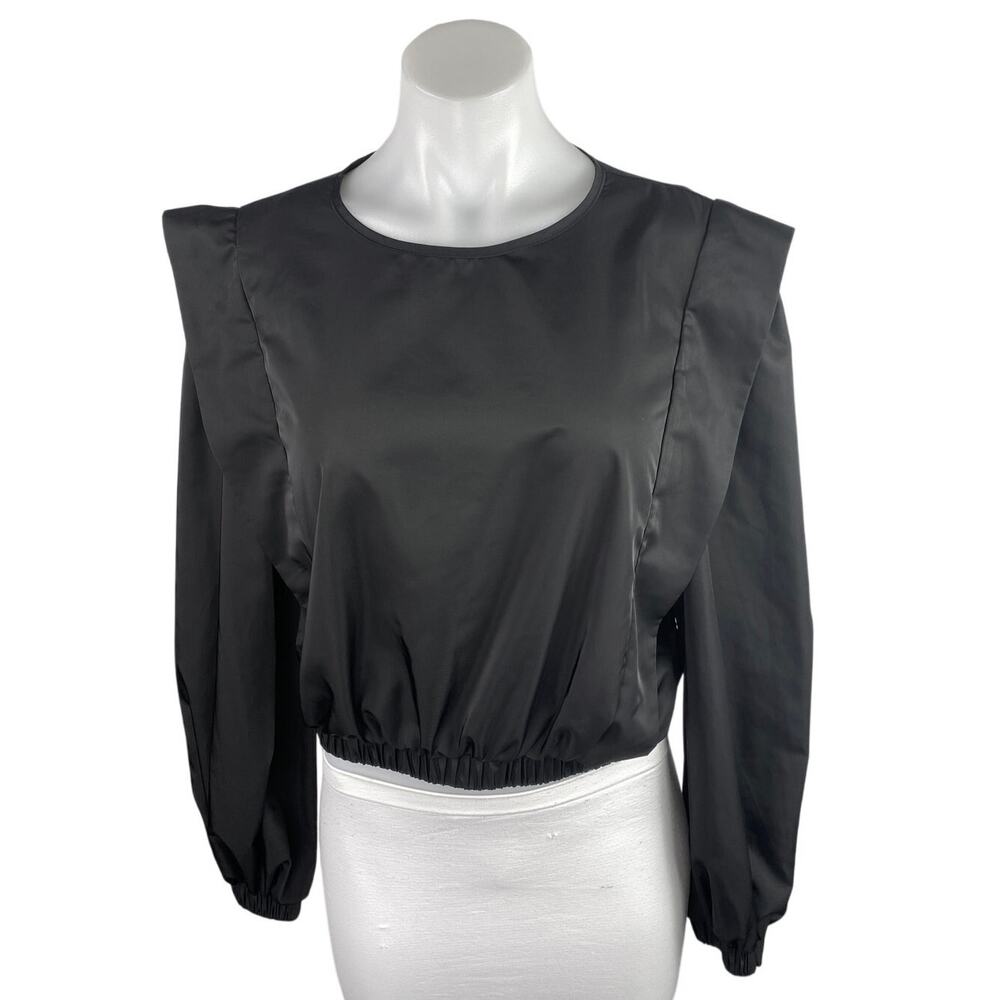 Missguided Women's Black Silky Satin Ruffle Flutter Sleeve Crop Blouse Top 10